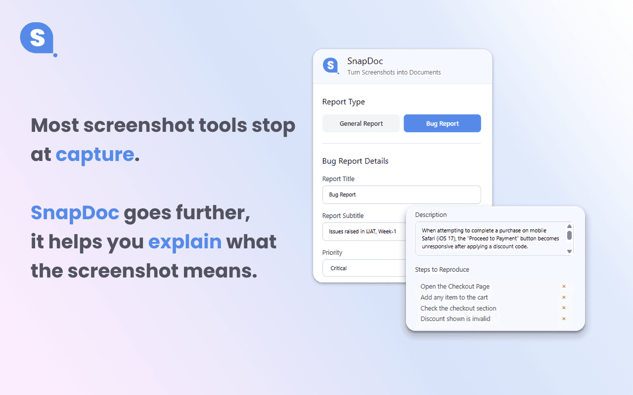 SnapDoc screenshot to PDF report builder and bug report tool in action